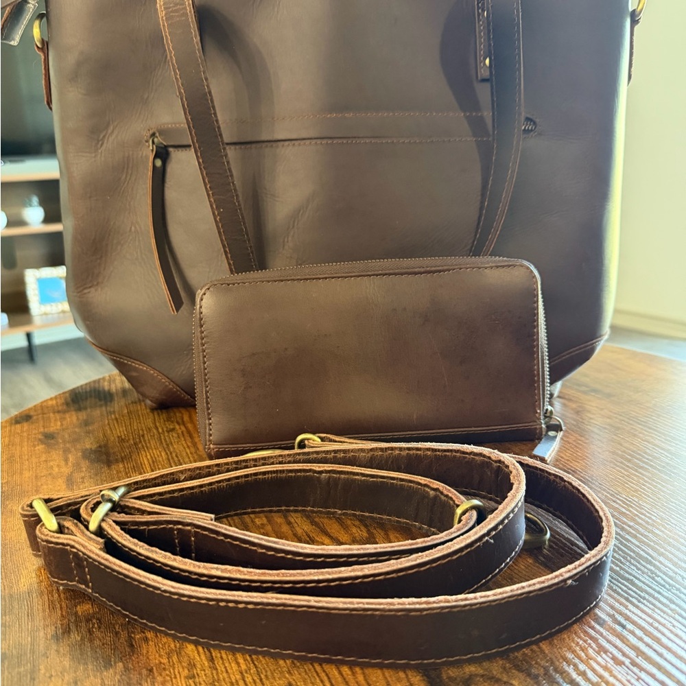 Genuine Distressed Leather Laptop Tote with Detachable Strap and Wallet